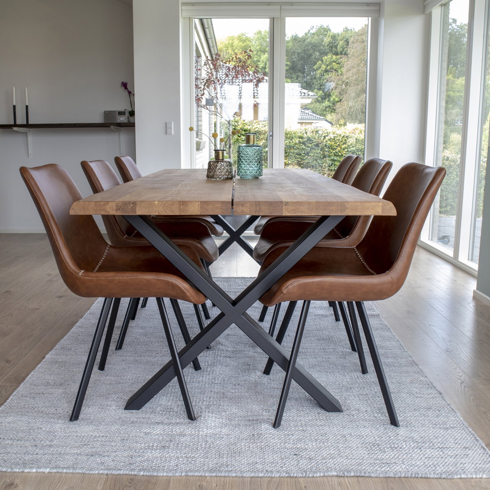 Masă de dining din stejar, cu margine ondulată, culoare naturală, pregătită pentru extensii, 95x200x75 cm