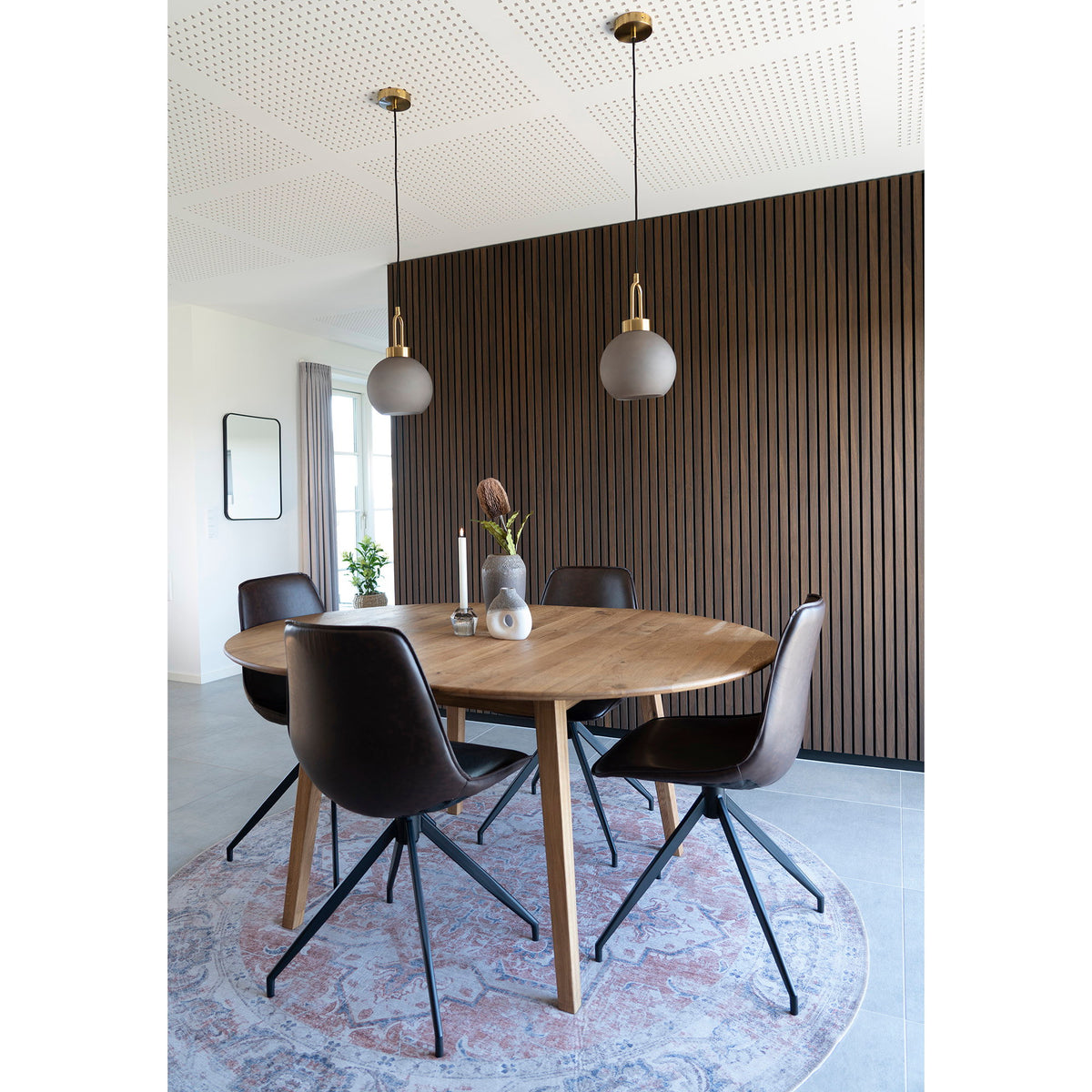 Masă de dining, stejar, natur, extensie integrată cu mecanism tip fluture, ø118x118-158x75 cm