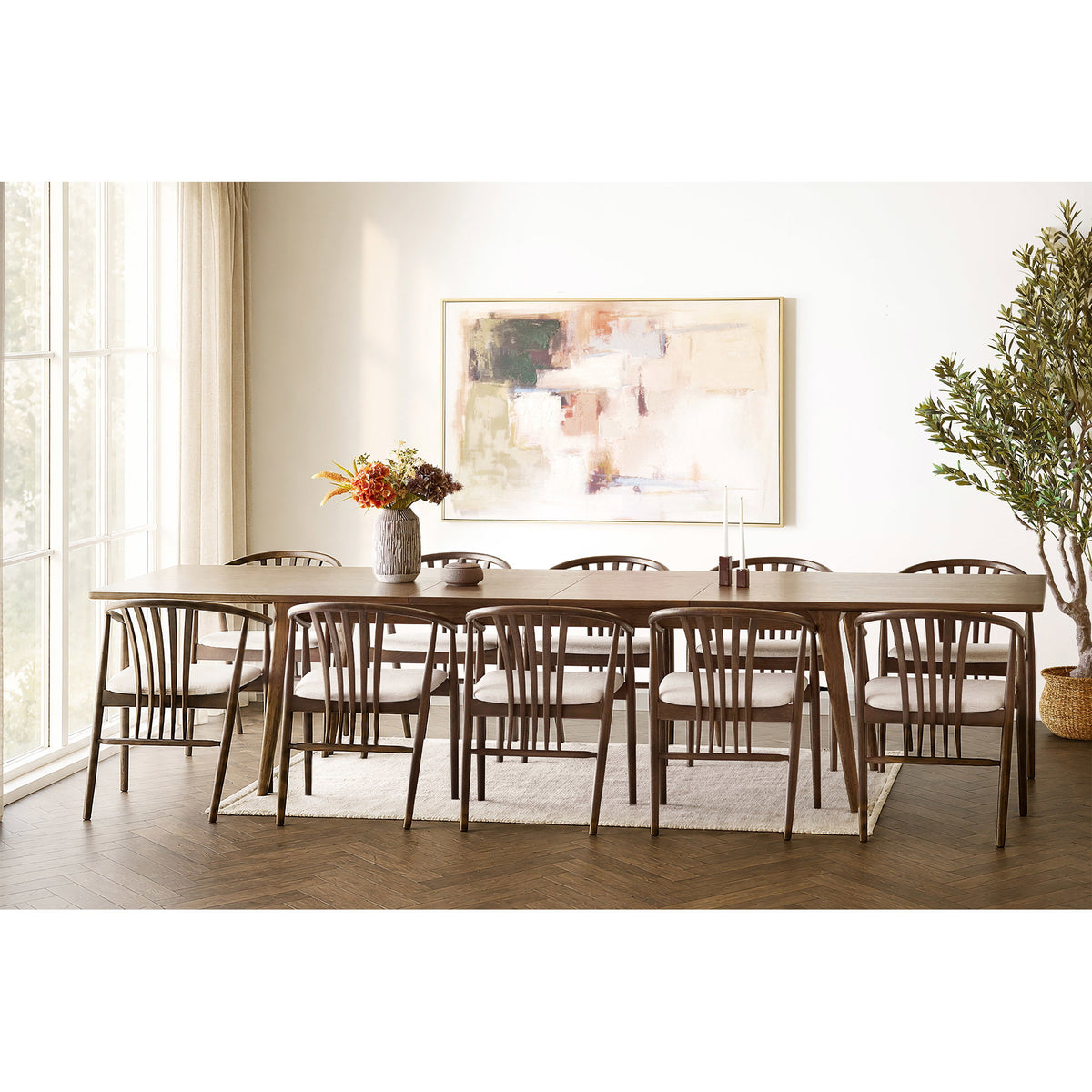Masă de dining, furnir de stejar, maro, include două extensii, 100x240-290-340x75 cm