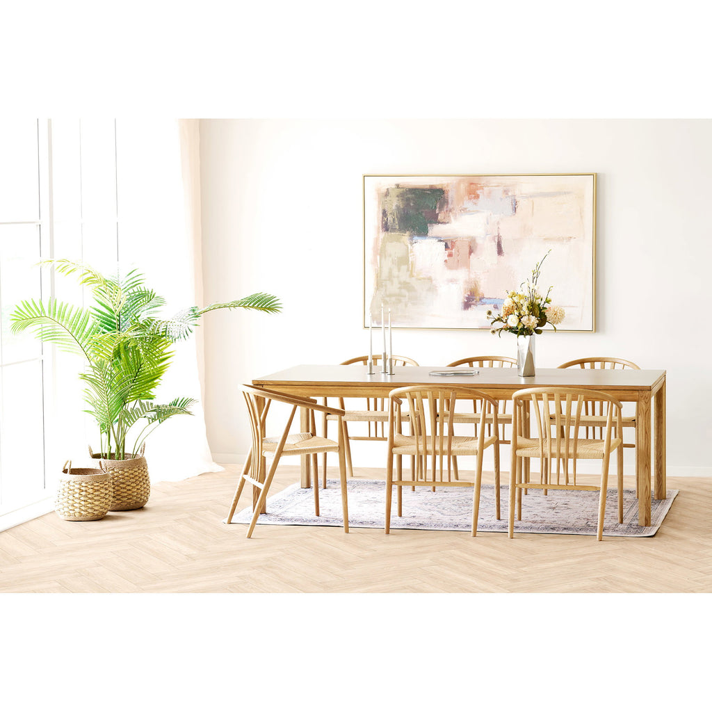 Masă de dining, stejar/laminat HPL, natur/nisipiu închis, include două extensii, 100x220-270-320x75 cm