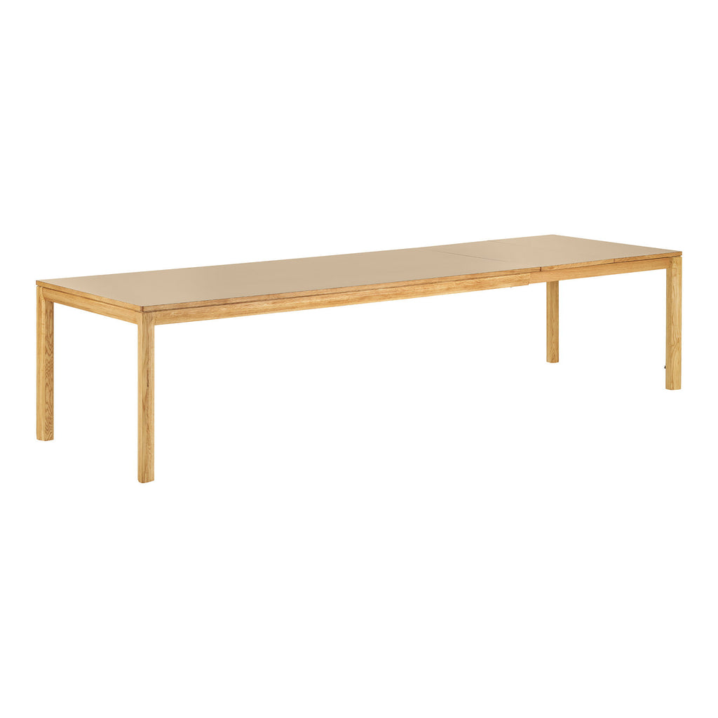 Masă de dining, stejar/laminat HPL, natur/nisipiu închis, include două extensii, 100x220-270-320x75 cm