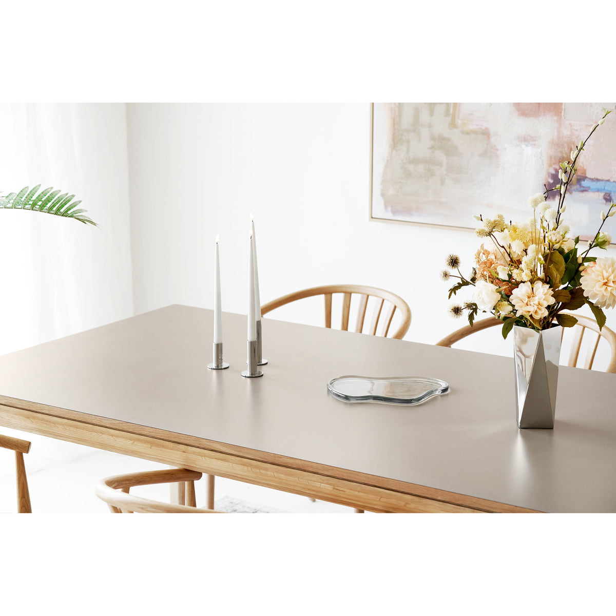 Masă de dining, stejar/laminat HPL, natur/nisipiu închis, include două extensii, 100x220-270-320x75 cm