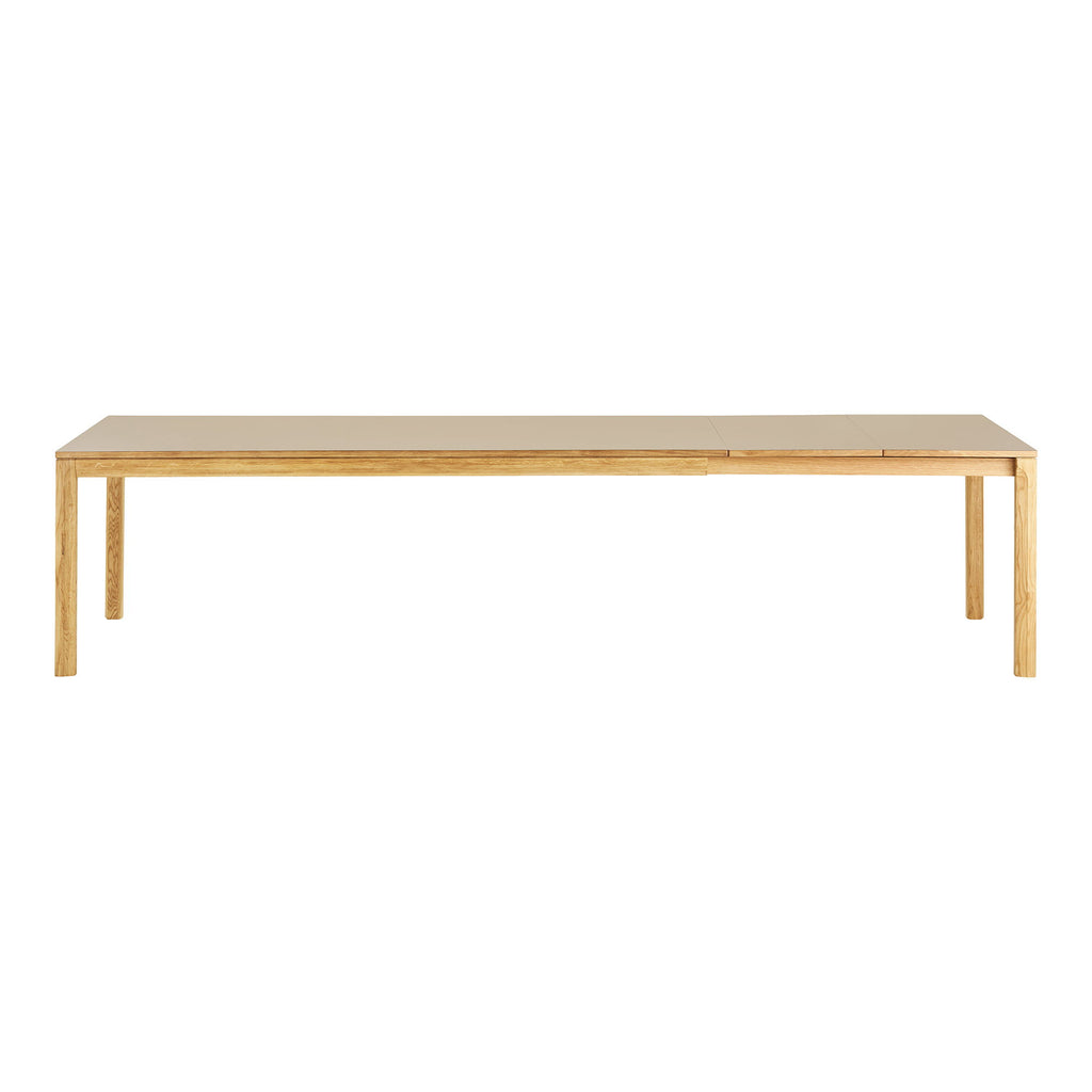 Masă de dining, stejar/laminat HPL, natur/nisipiu închis, include două extensii, 100x220-270-320x75 cm