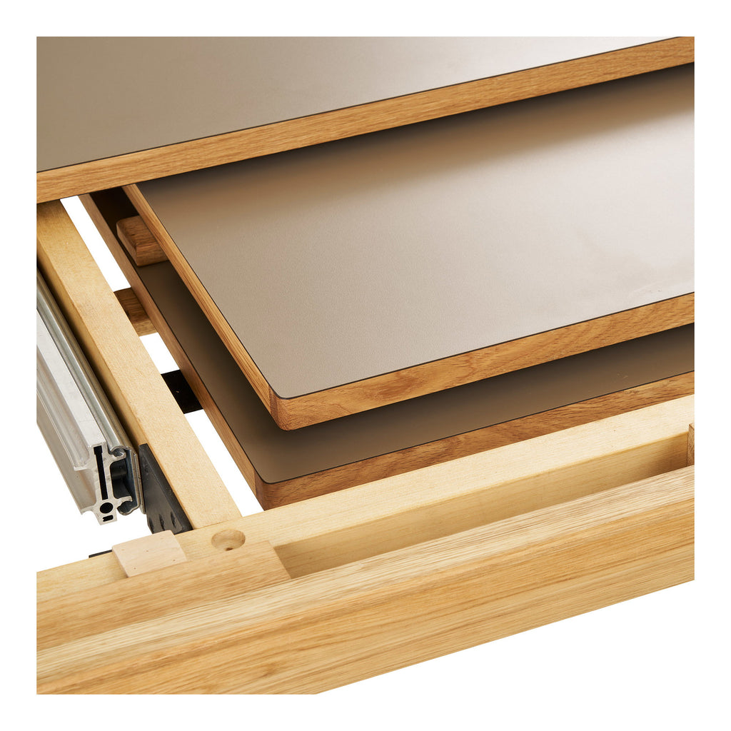 Masă de dining, stejar/laminat HPL, natur/nisipiu închis, include două extensii, 100x220-270-320x75 cm