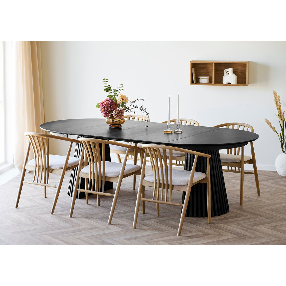 Masă de dining, furnir de stejar, negru, include trei extensii, ø120x120-160-200-240x75 cm