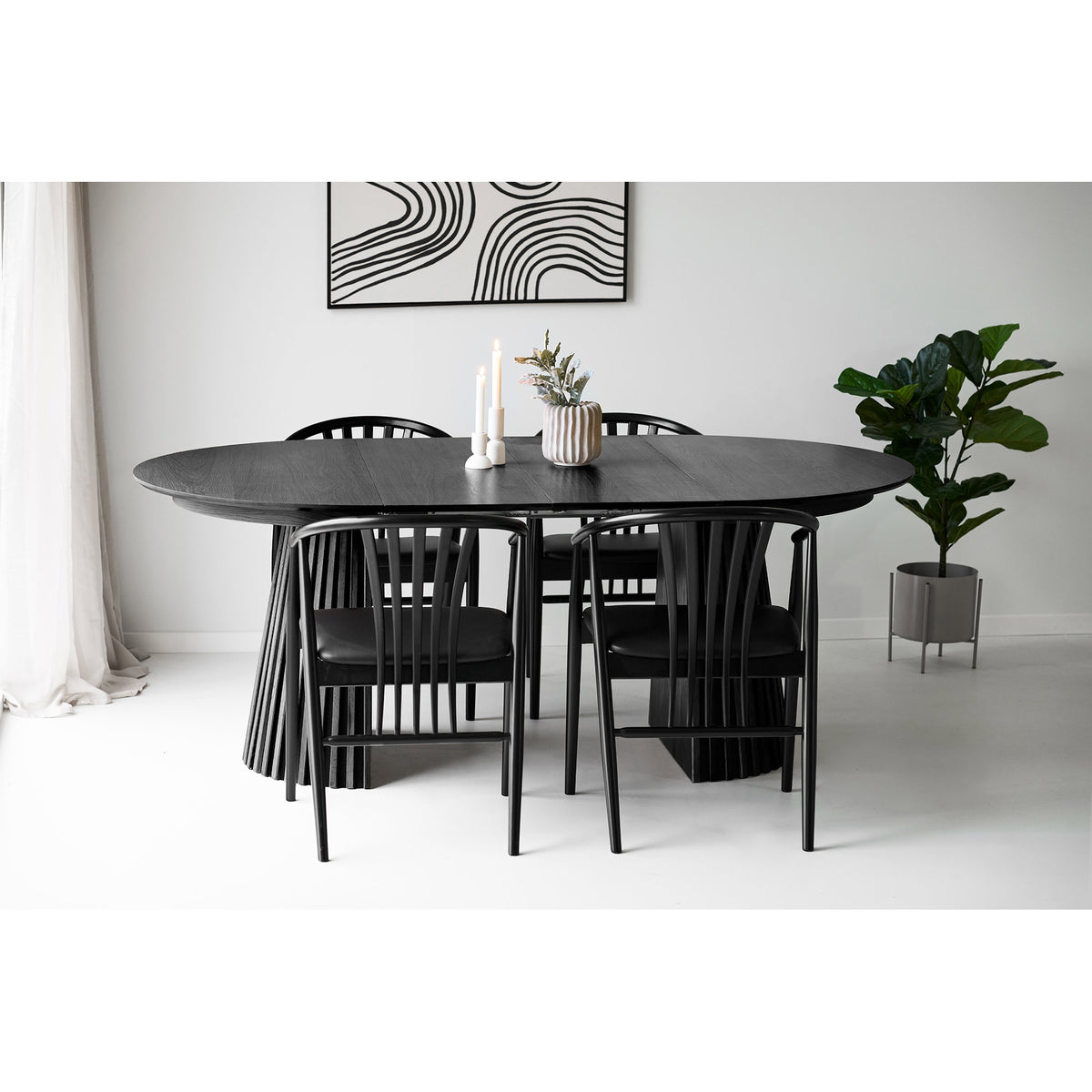 Masă de dining, furnir de stejar, negru, include două extensii, ø120x120-160-200x75 cm