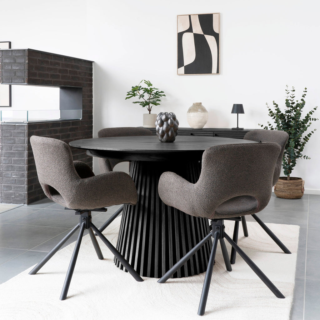 Masă de dining, furnir de stejar, negru, include două extensii, ø120x120-160-200x75 cm