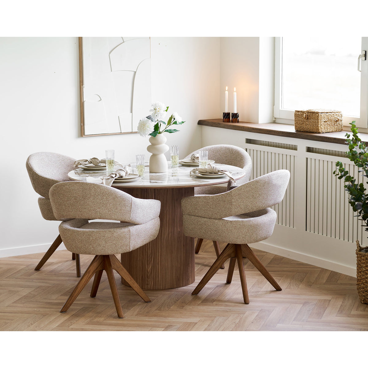 Masă de dining, blat din ceramică, alb/maro, ø120x76 cm