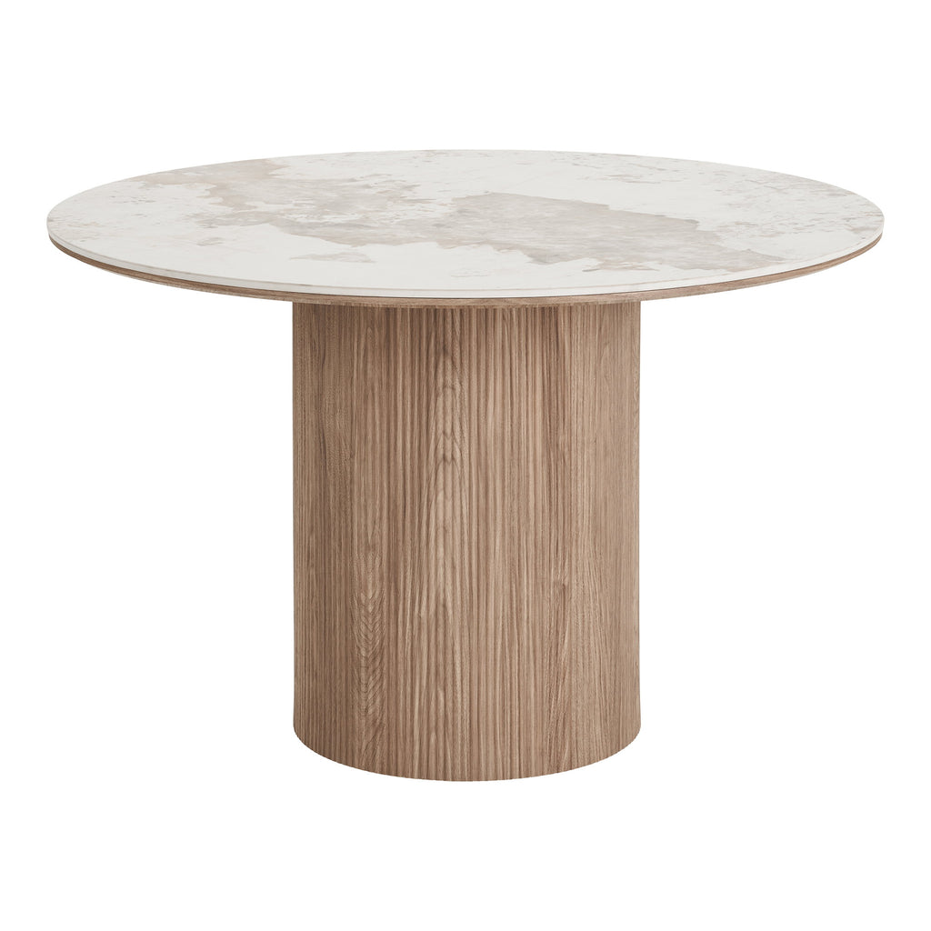 Masă de dining, blat din ceramică, alb/maro, ø120x76 cm