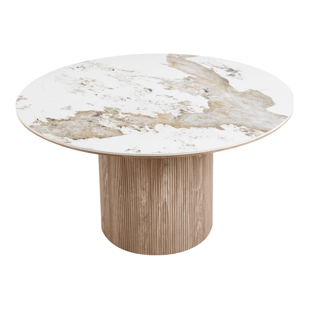 Masă de dining, blat din ceramică, alb/maro, ø140x76 cm