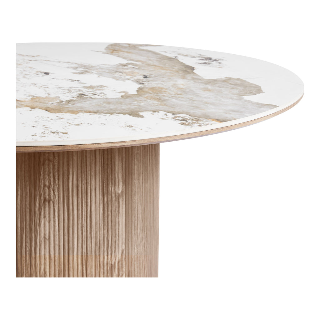 Masă de dining, blat din ceramică, alb/maro, ø140x76 cm