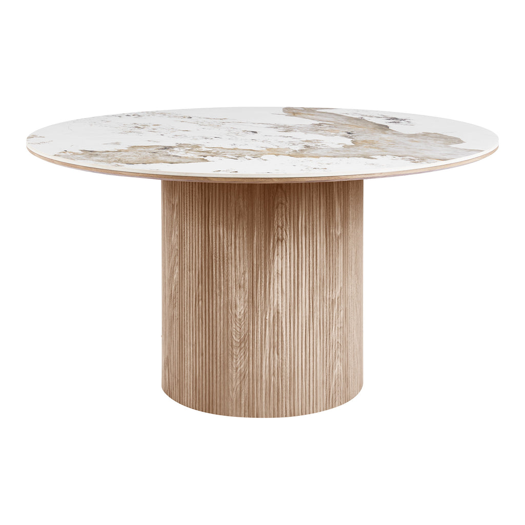 Masă de dining, blat din ceramică, alb/maro, ø140x76 cm