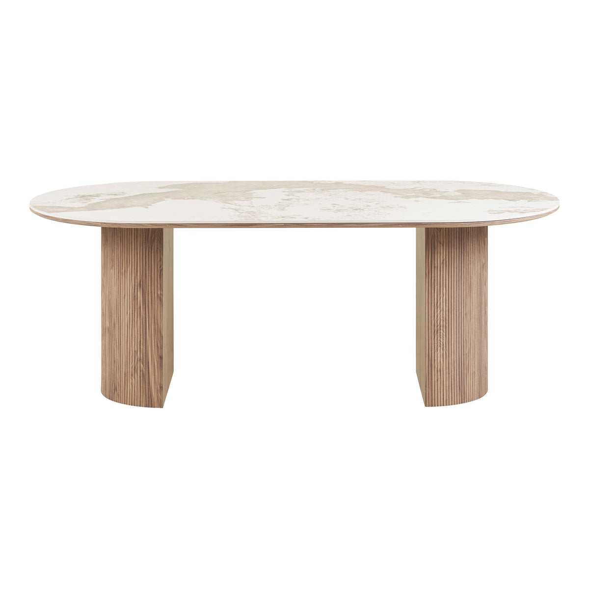 Masă de dining, blat din ceramică, alb/maro, 100x210x76 cm