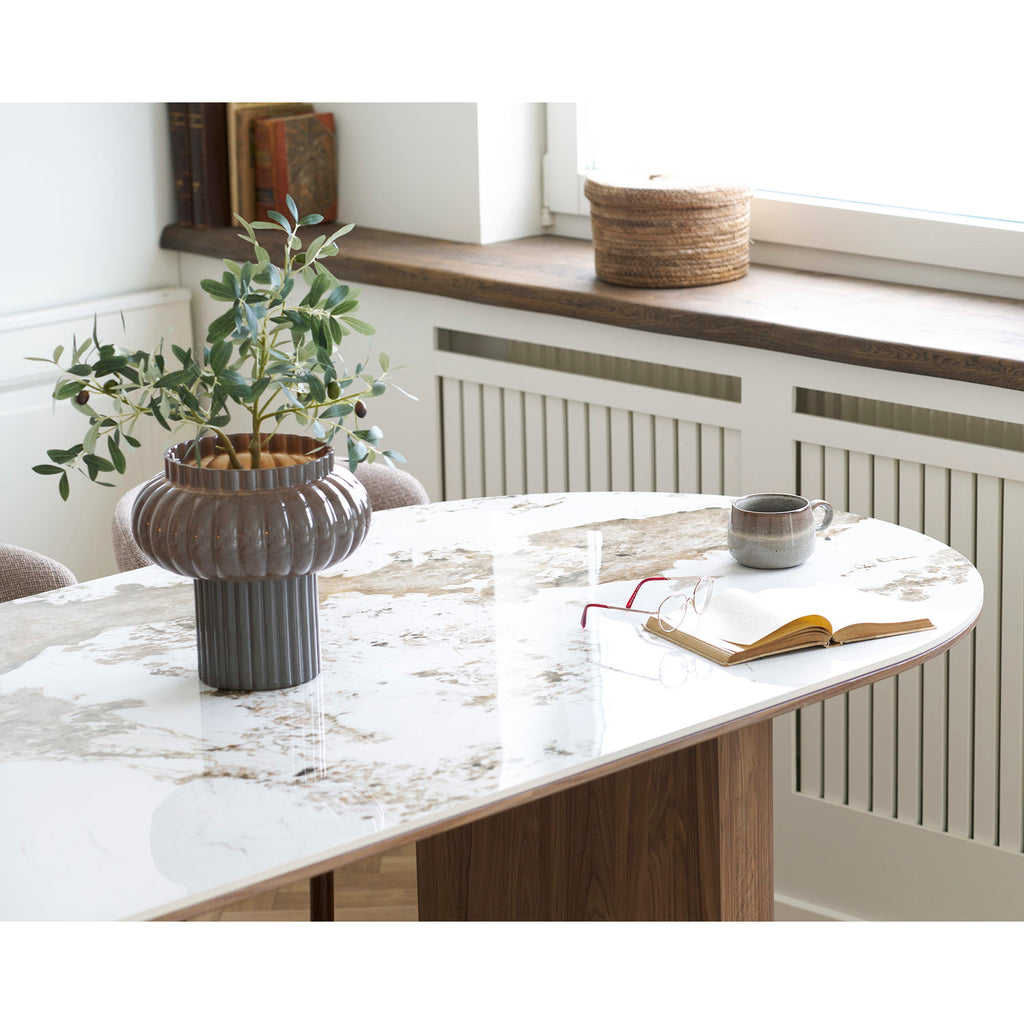 Masă de dining, blat din ceramică, alb/maro, 100x210x76 cm