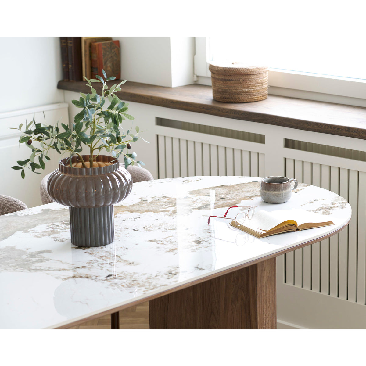 Masă de dining, blat din ceramică, alb/maro, 100x210x76 cm