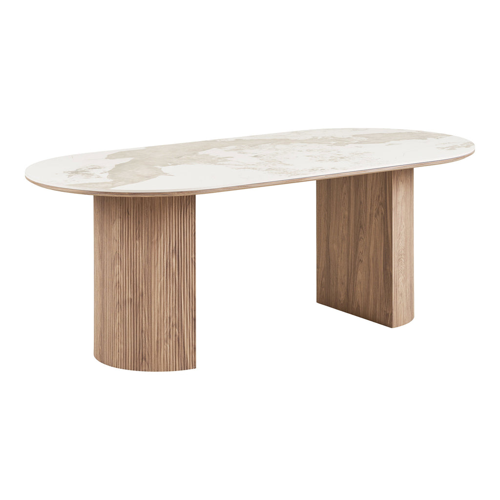 Masă de dining, blat din ceramică, alb/maro, 100x210x76 cm