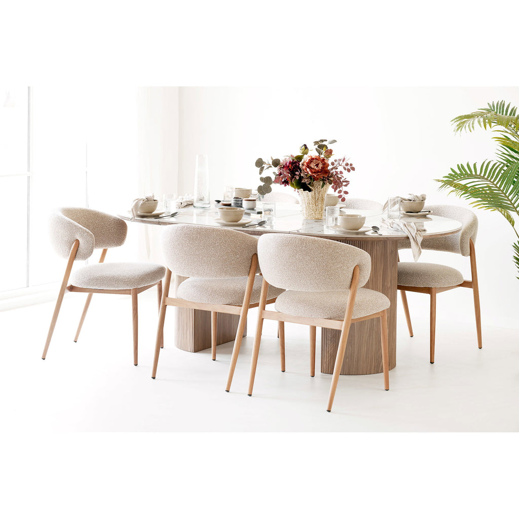 Masă de dining, blat din ceramică, alb/maro, include două extensii, ø120x120-160-200x76 cm