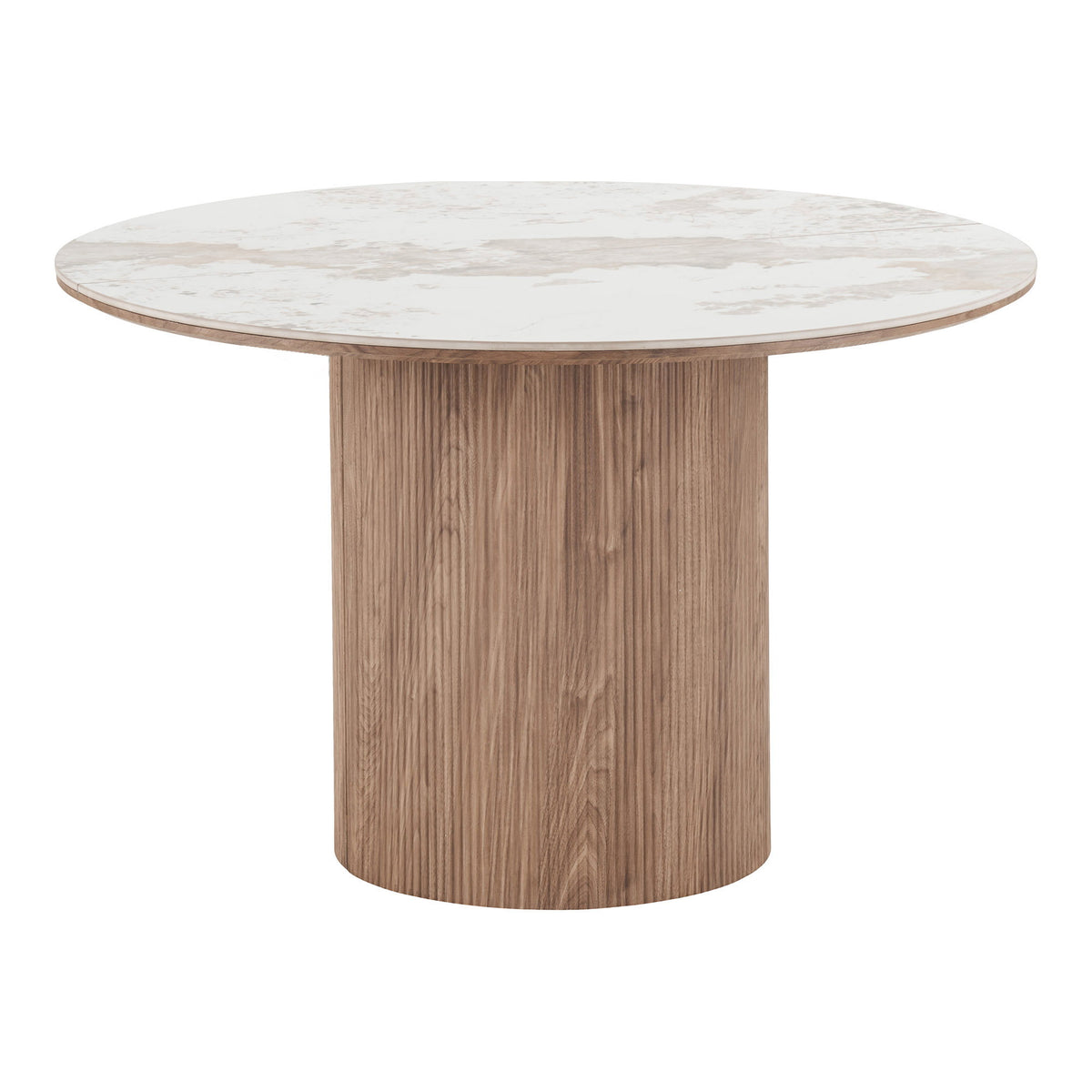 Masă de dining, blat din ceramică, alb/maro, include două extensii, ø120x120-160-200x76 cm