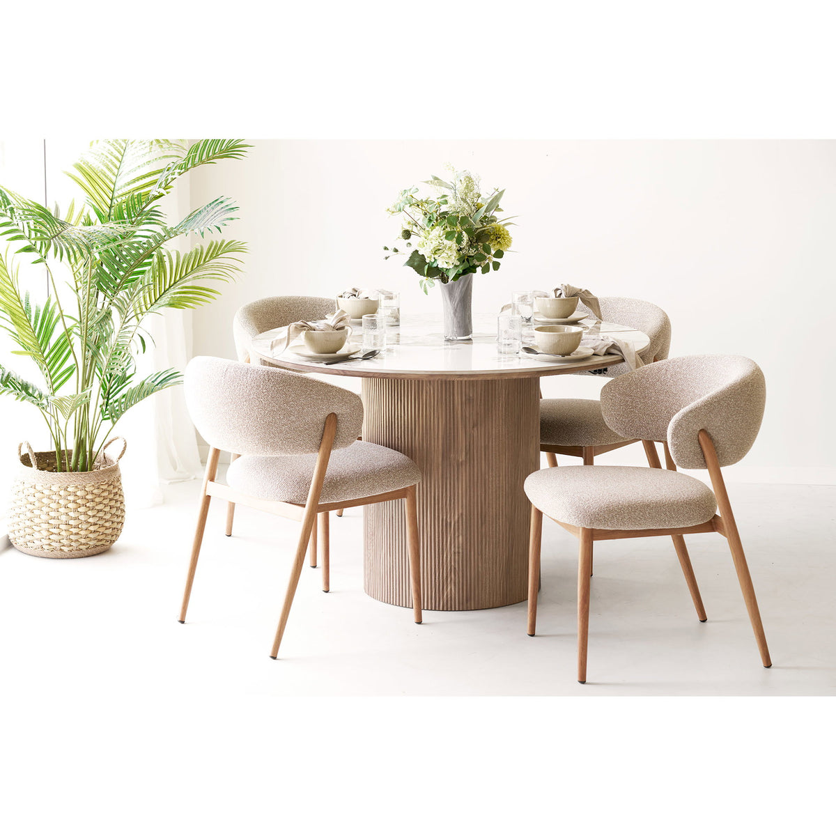 Masă de dining, blat din ceramică, alb/maro, include două extensii, ø120x120-160-200x76 cm