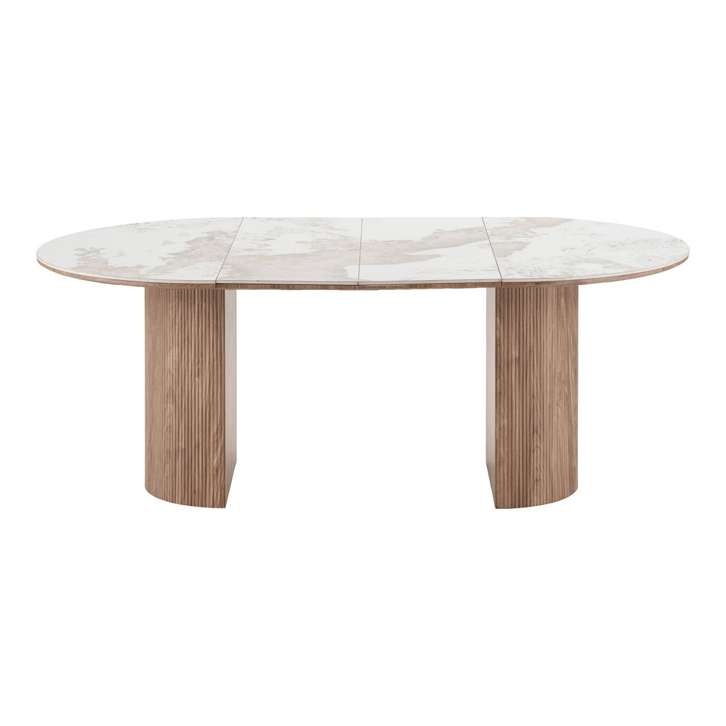 Masă de dining, blat din ceramică, alb/maro, include două extensii, ø120x120-160-200x76 cm