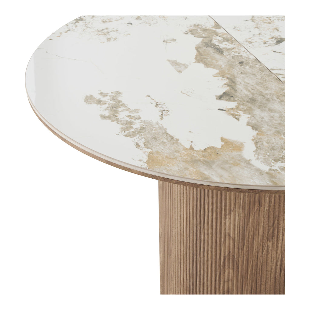 Masă de dining, blat din ceramică, alb/maro, include două extensii, ø120x120-160-200x76 cm