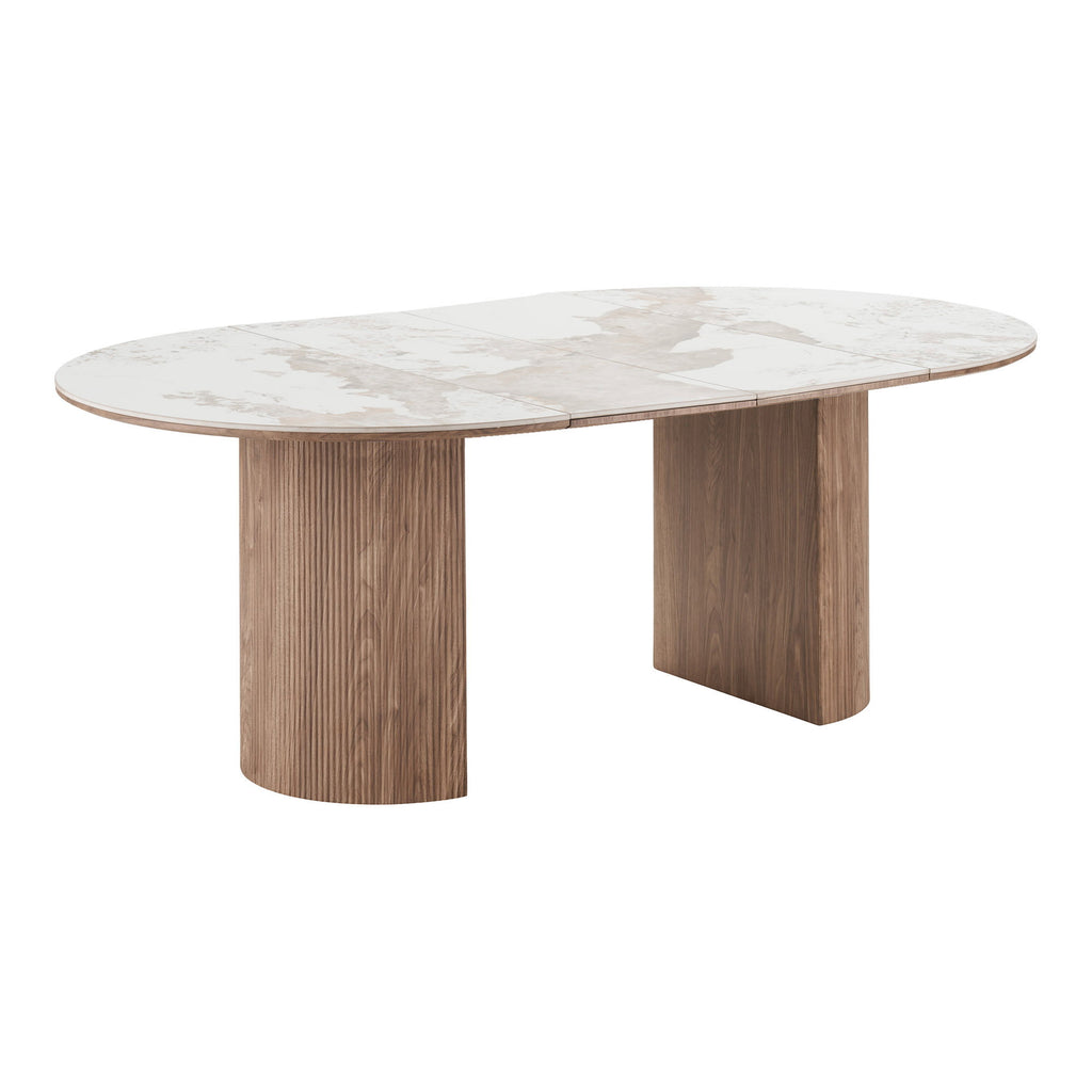 Masă de dining, blat din ceramică, alb/maro, include două extensii, ø120x120-160-200x76 cm