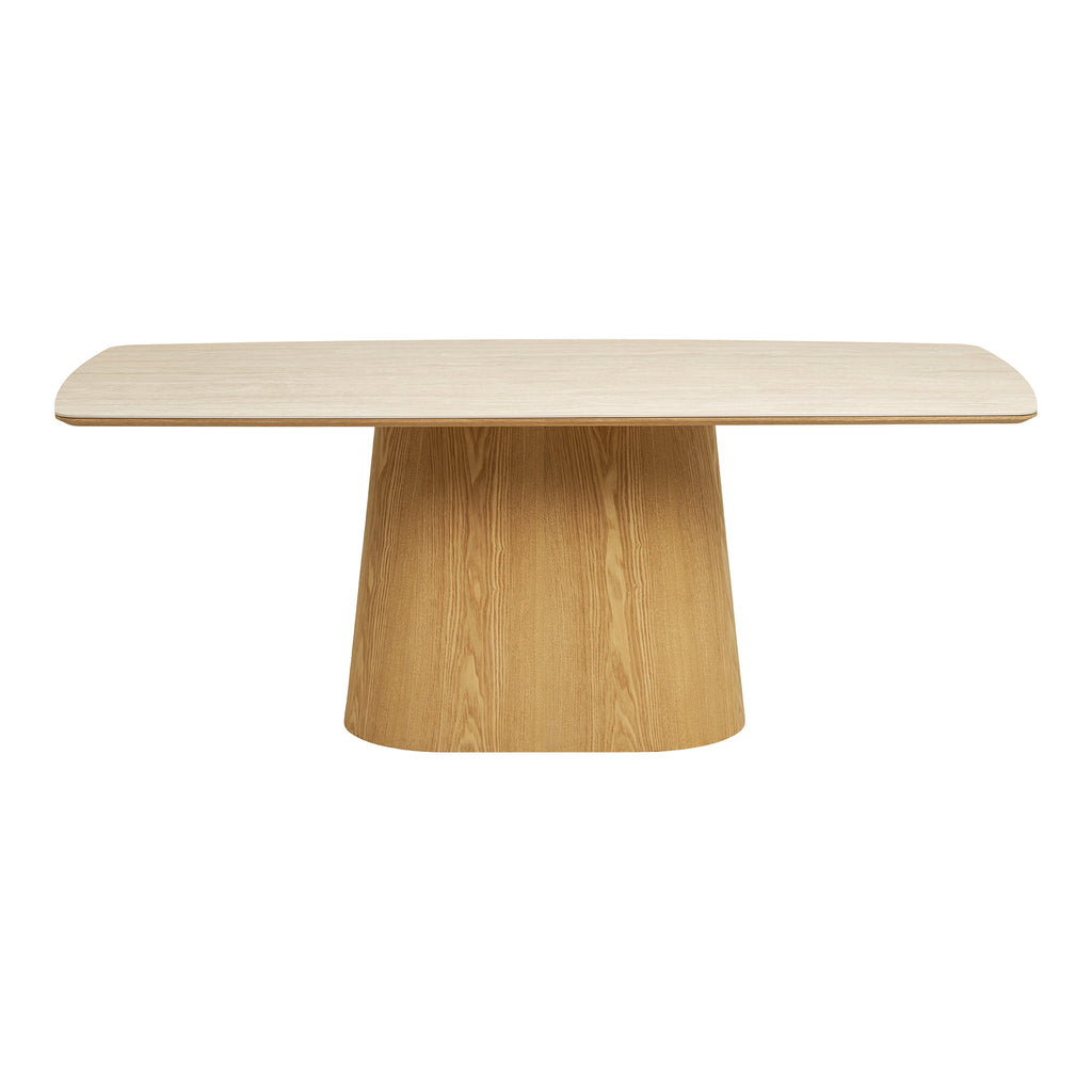 Masă de dining, blat din ceramică/furnir de frasin, aspect de travertin/natur, 90x200x76 cm