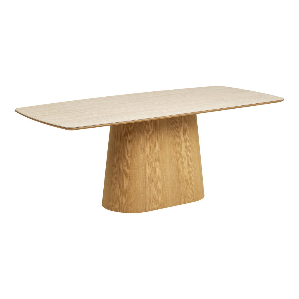 Masă de dining, blat din ceramică/furnir de frasin, aspect de travertin/natur, 90x200x76 cm