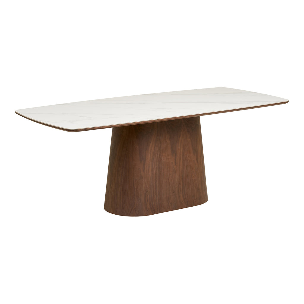 Masă de dining, blat din ceramică/furnir de frasin, alb/maro închis, 90x200x76 cm