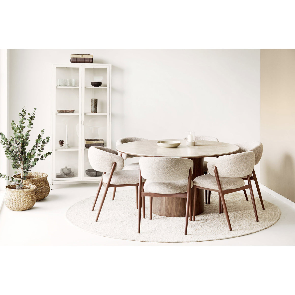 Masă de dining, blat din ceramică, travertin/maro închis, ø140x76 cm