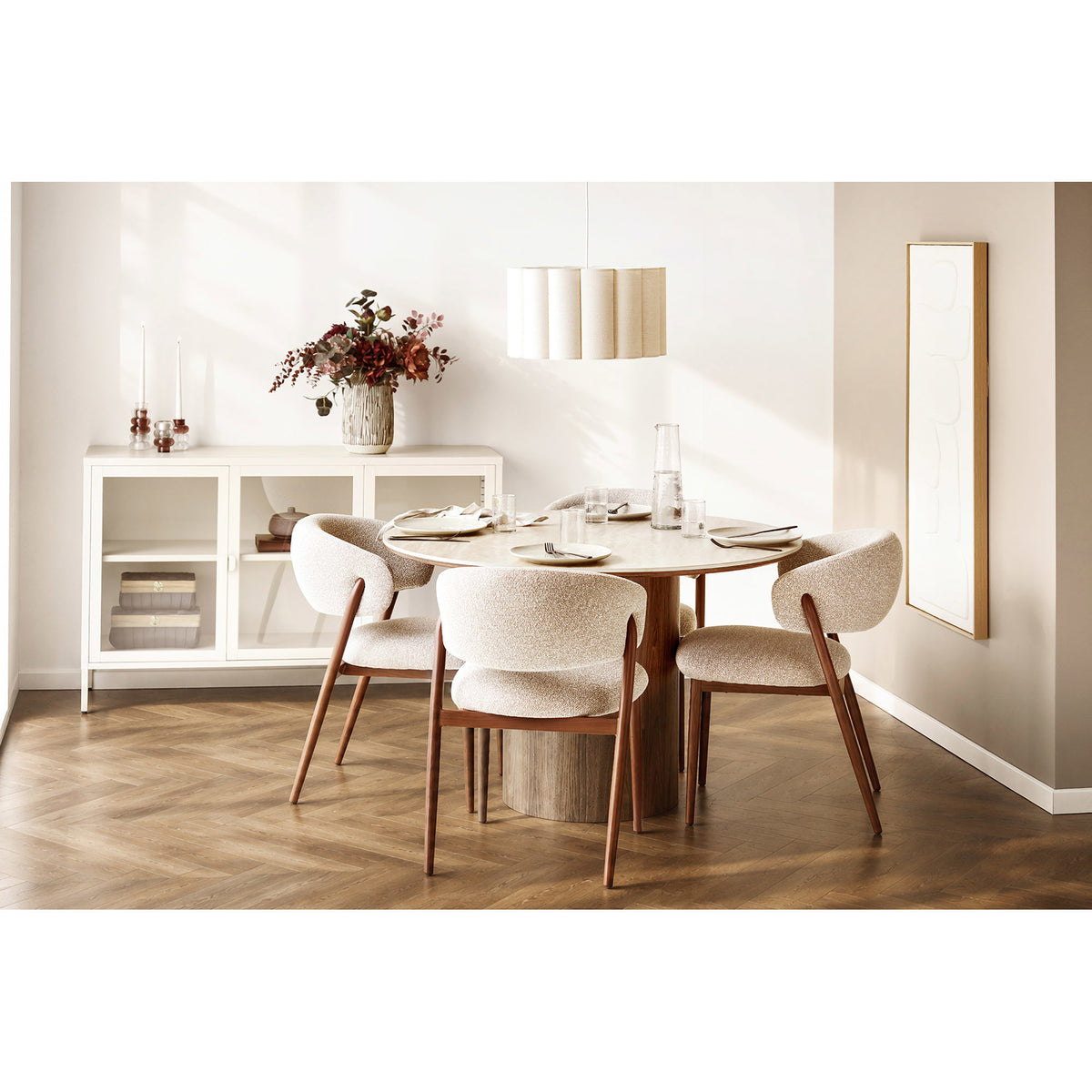 Masă de dining, blat din ceramică, travertin/maro închis, ø120x76 cm