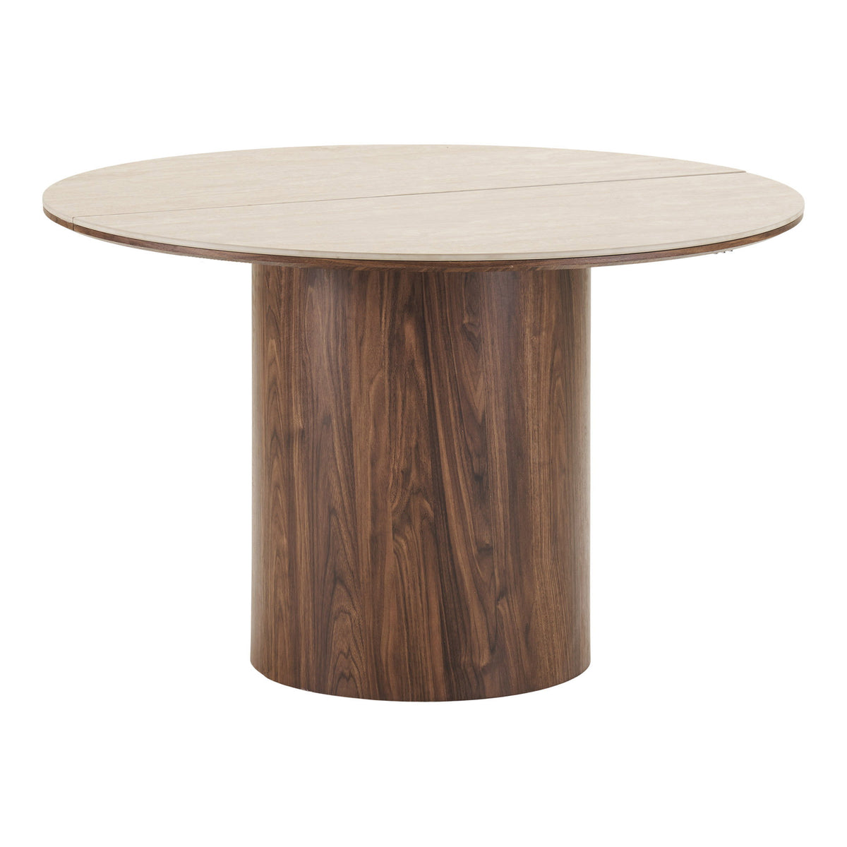 Masă de dining, blat din ceramică, travertin/maro închis, include două extensii, ø120x120-160-200x76 cm