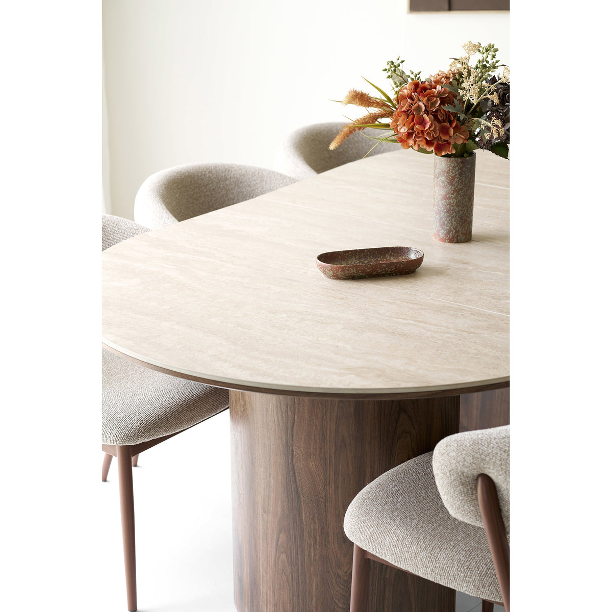 Masă de dining, blat din ceramică, travertin/maro închis, include două extensii, ø120x120-160-200x76 cm