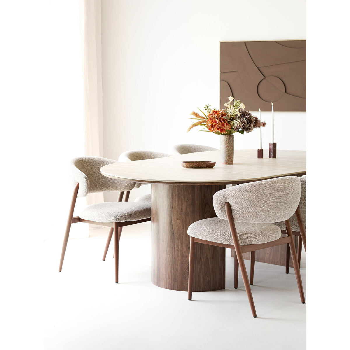 Masă de dining, blat din ceramică, travertin/maro închis, include două extensii, ø120x120-160-200x76 cm