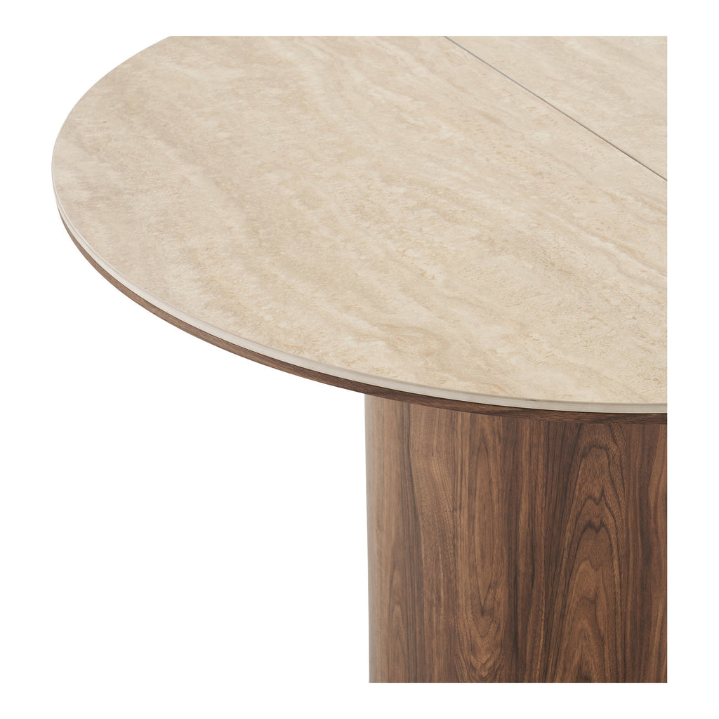 Masă de dining, blat din ceramică, travertin/maro închis, include două extensii, ø120x120-160-200x76 cm