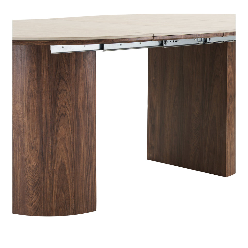 Masă de dining, blat din ceramică, travertin/maro închis, include două extensii, ø120x120-160-200x76 cm