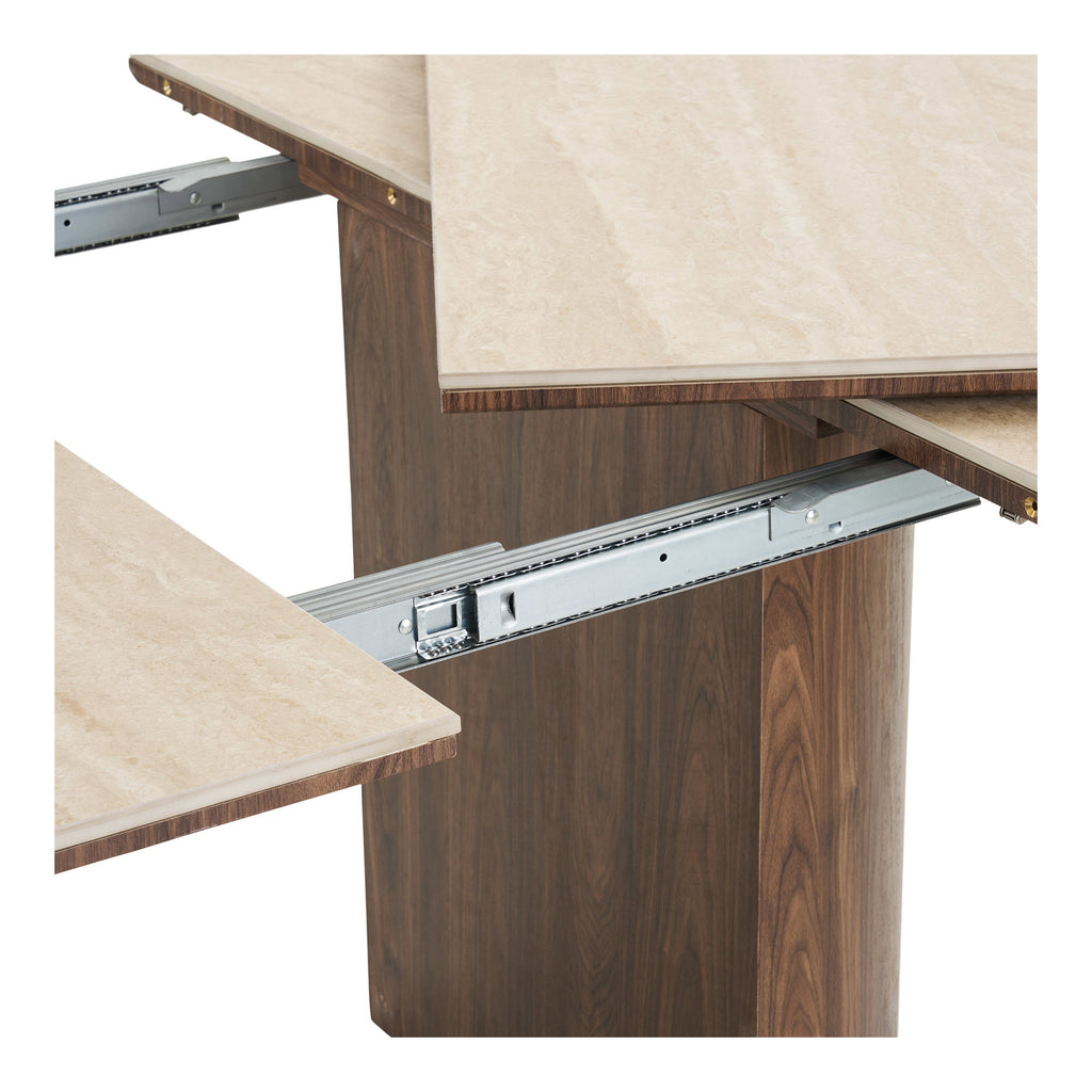Masă de dining, blat din ceramică, travertin/maro închis, include două extensii, ø120x120-160-200x76 cm