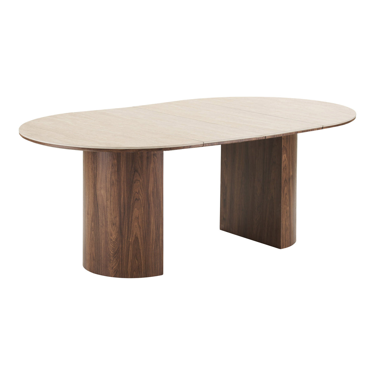 Masă de dining, blat din ceramică, travertin/maro închis, include două extensii, ø120x120-160-200x76 cm