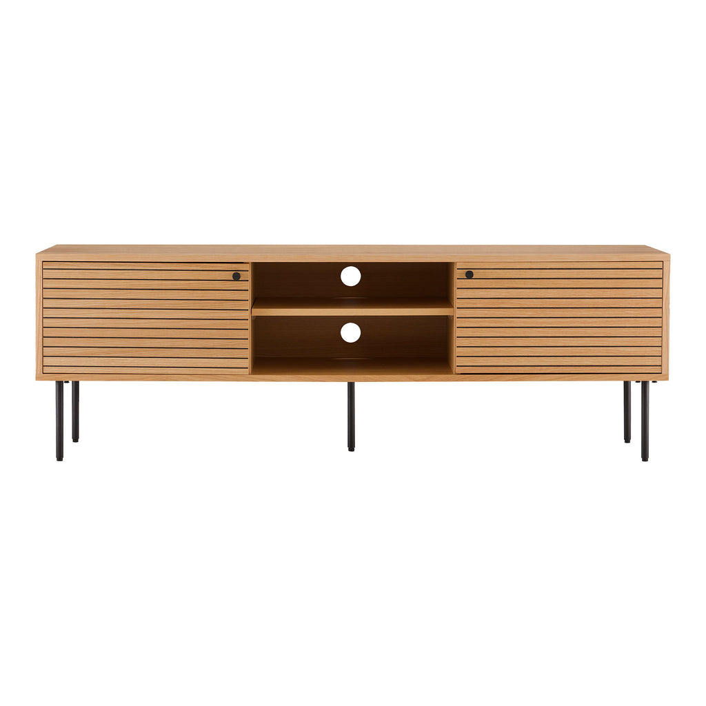 Comodă TV, 2 uși, 2 polițe, furnir de stejar, natur, picioare din metal negru, 150x40x50 cm
