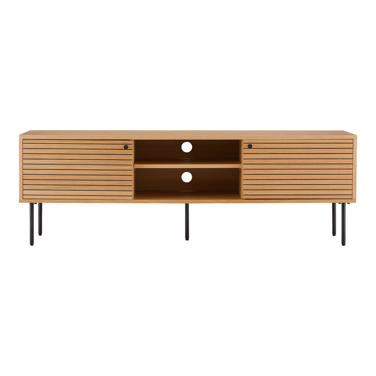 Comodă TV, 2 uși, 2 polițe, furnir de stejar, natur, picioare din metal negru, 150x40x50 cm