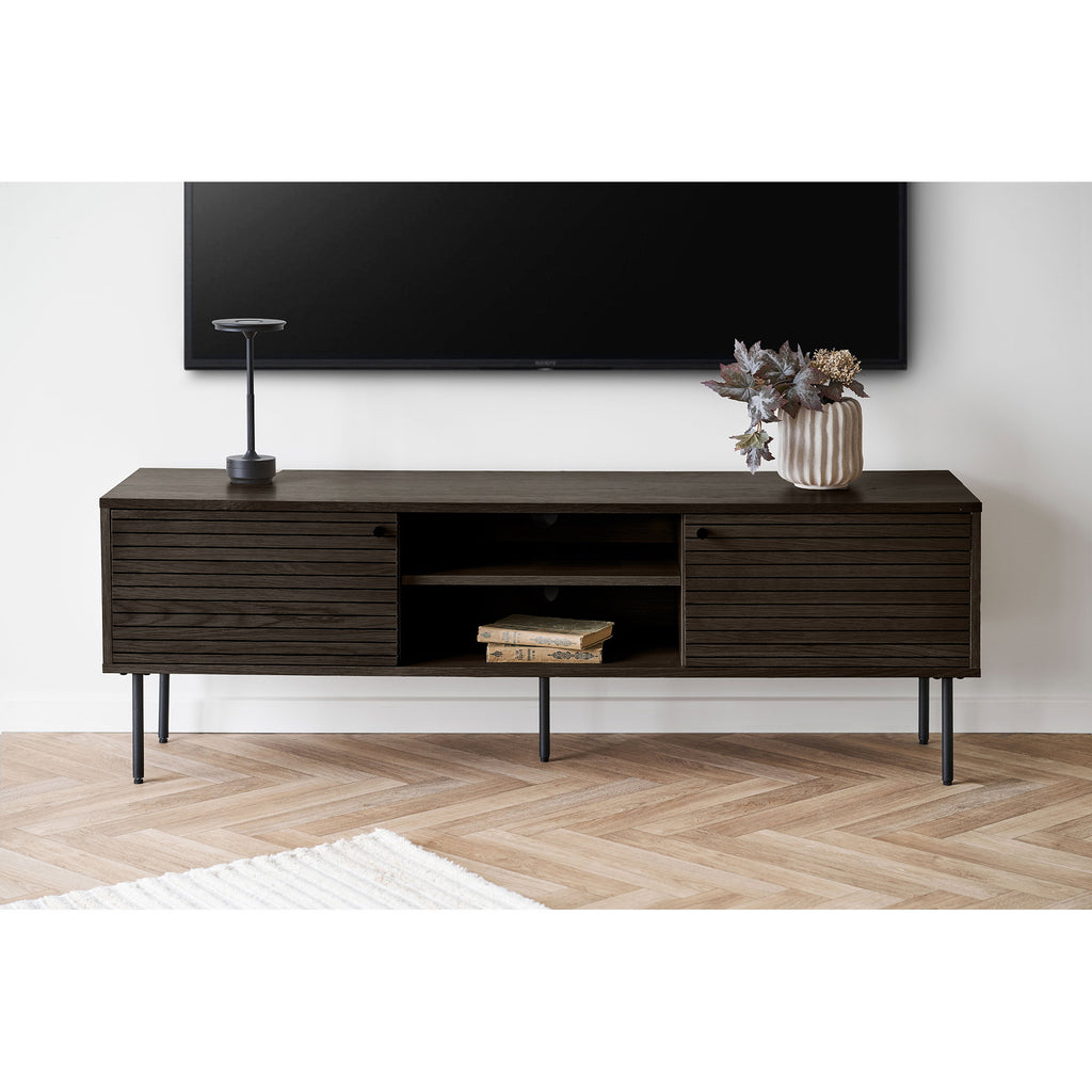 Comodă TV, 2 uși, 2 polițe, furnir de stejar, fumuriu, picioare din metal negru, 150x40x50 cm