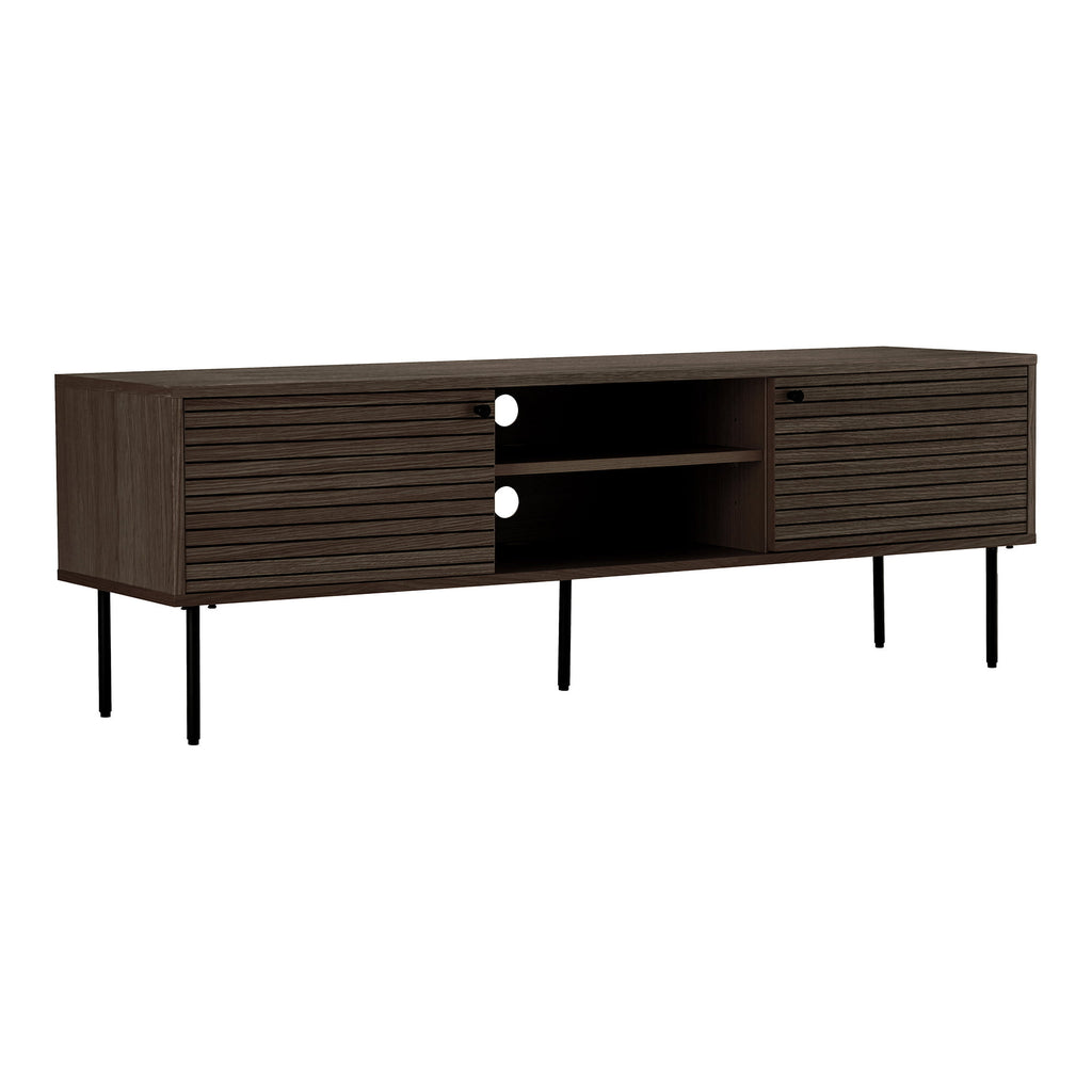 Comodă TV, 2 uși, 2 polițe, furnir de stejar, fumuriu, picioare din metal negru, 150x40x50 cm