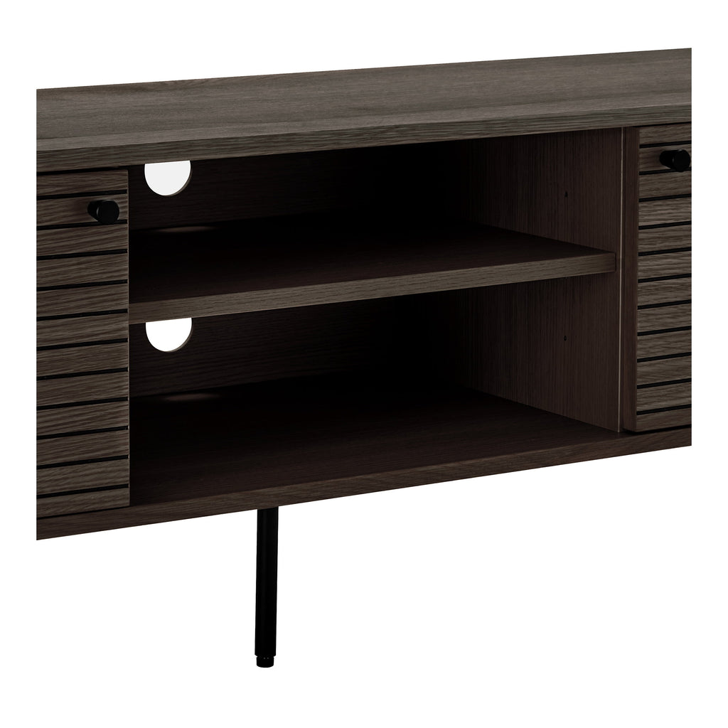 Comodă TV, 2 uși, 2 polițe, furnir de stejar, fumuriu, picioare din metal negru, 150x40x50 cm