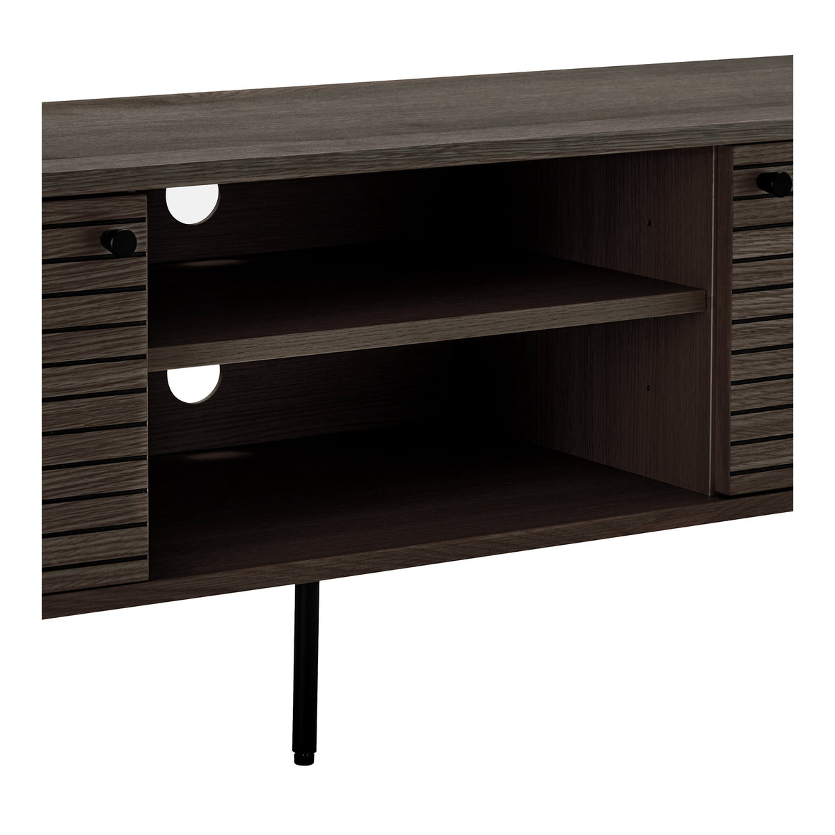 Comodă TV, 2 uși, 2 polițe, furnir de stejar, fumuriu, picioare din metal negru, 150x40x50 cm