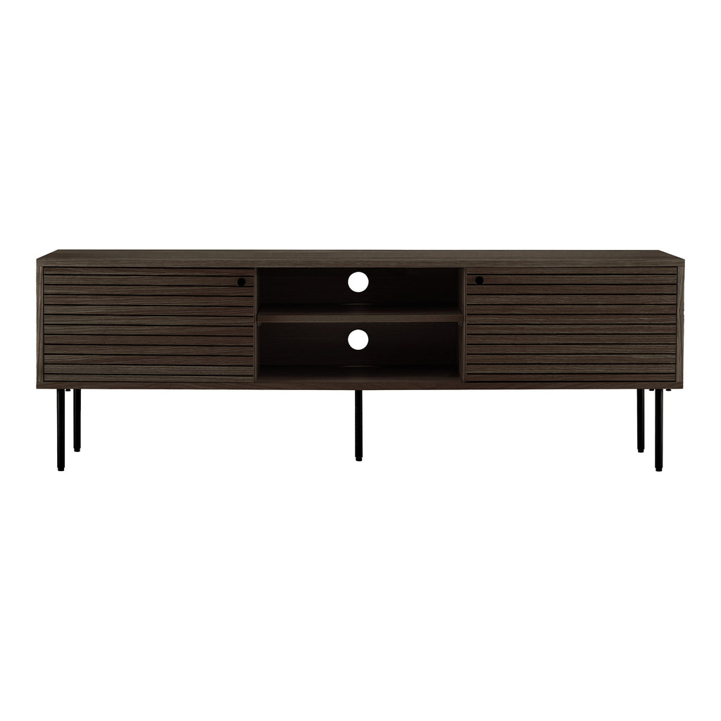 Comodă TV, 2 uși, 2 polițe, furnir de stejar, fumuriu, picioare din metal negru, 150x40x50 cm