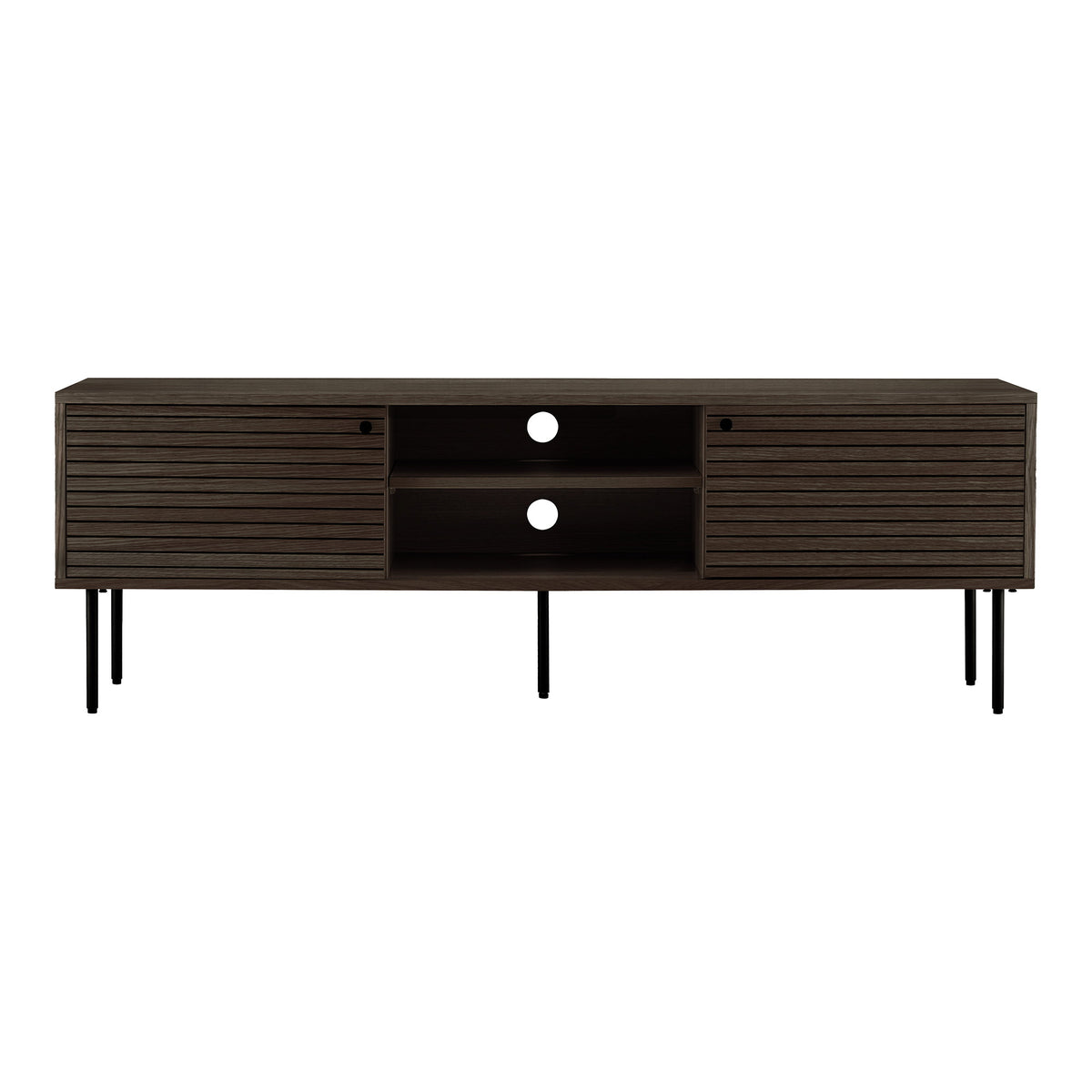 Comodă TV, 2 uși, 2 polițe, furnir de stejar, fumuriu, picioare din metal negru, 150x40x50 cm