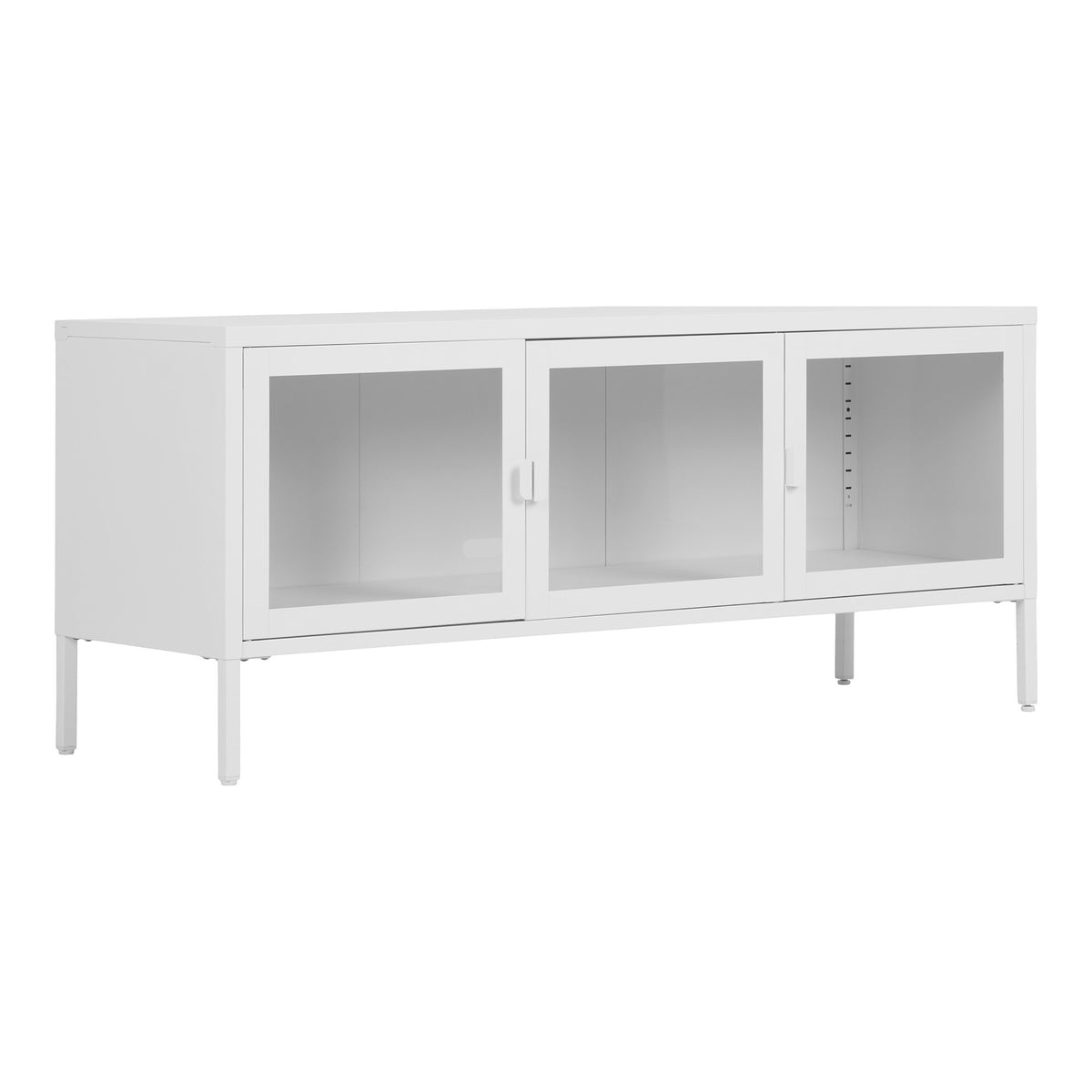 Comodă TV, 3 uși din sticlă, oțel, alb, 130x40x55 cm