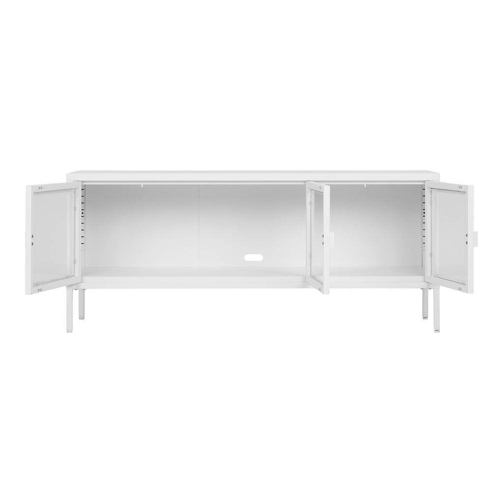 Comodă TV, 3 uși din sticlă, oțel, alb, 130x40x55 cm