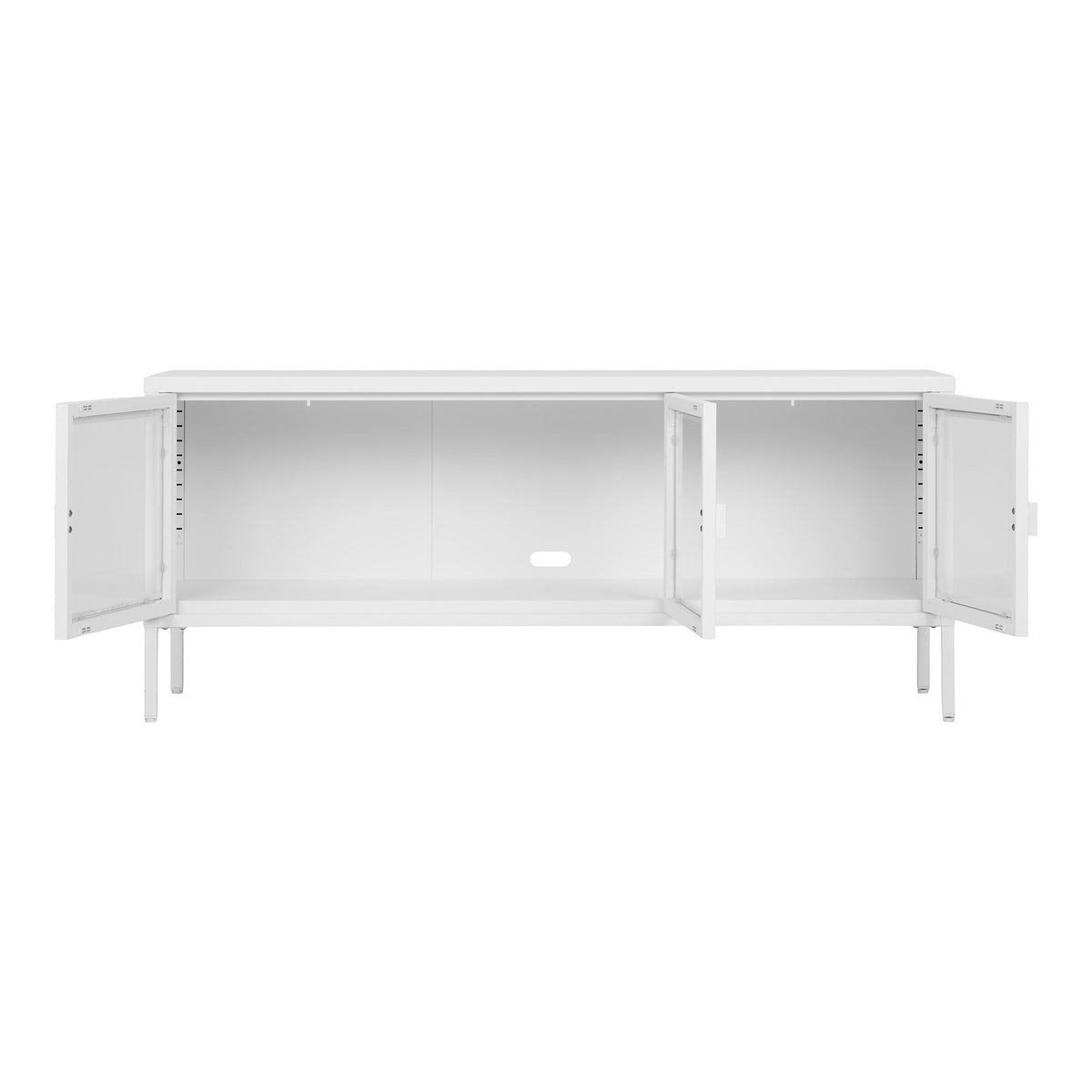 Comodă TV, 3 uși din sticlă, oțel, alb, 130x40x55 cm