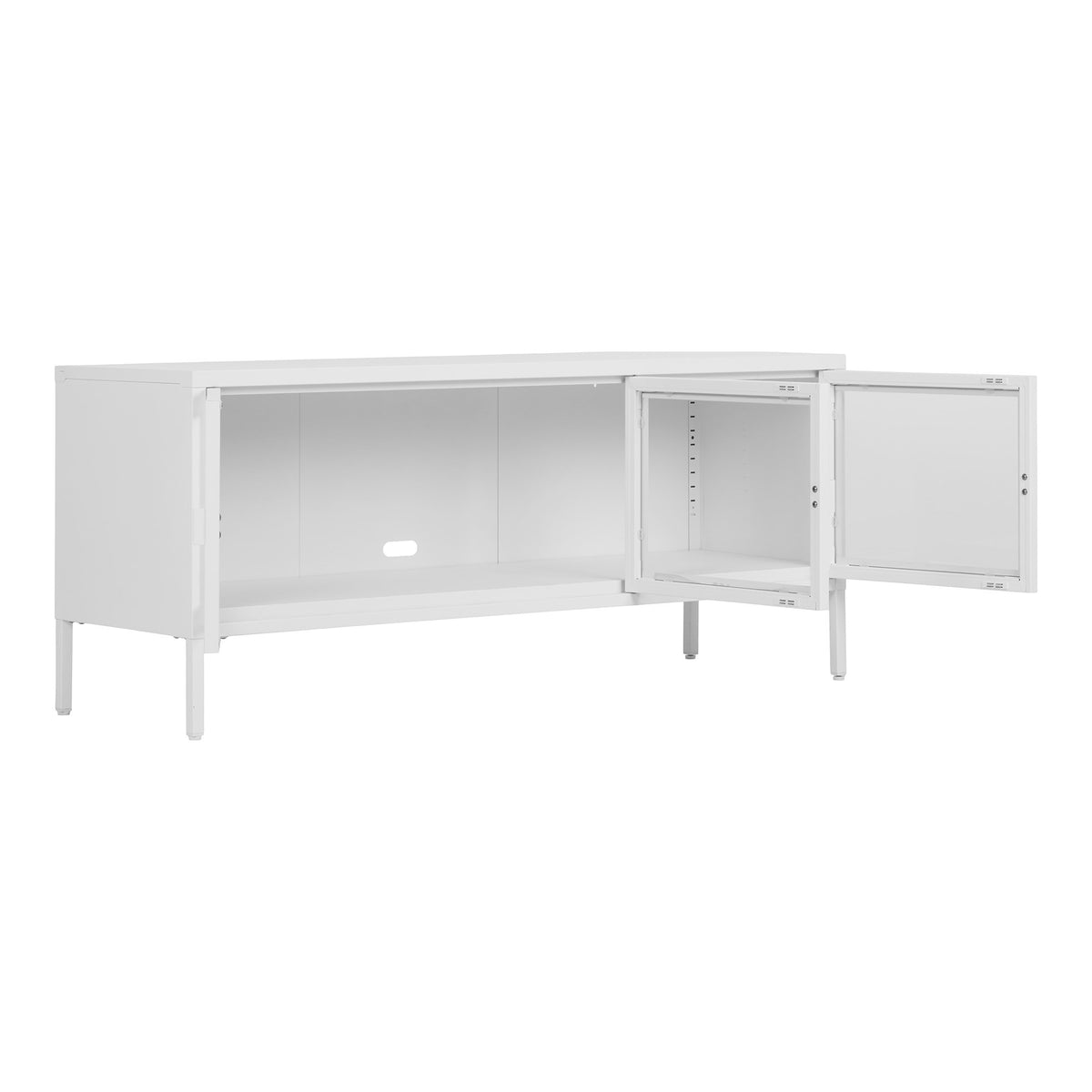 Comodă TV, 3 uși din sticlă, oțel, alb, 130x40x55 cm